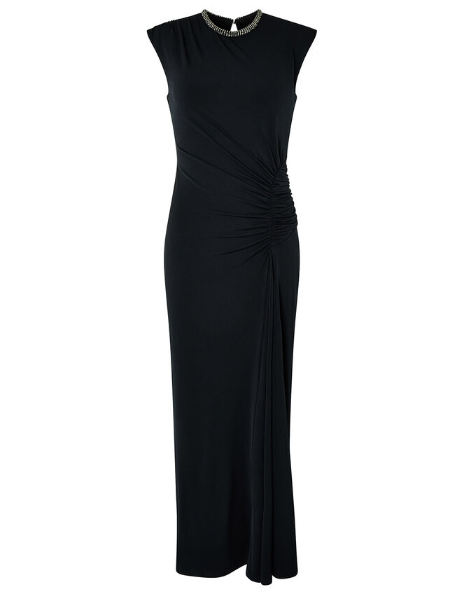 Melissa Beaded Neckline Ruched Maxi Dress, Black (BLACK), large