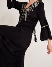 Cali Embroidered Leaf Kaftan Dress, Black (BLACK), large