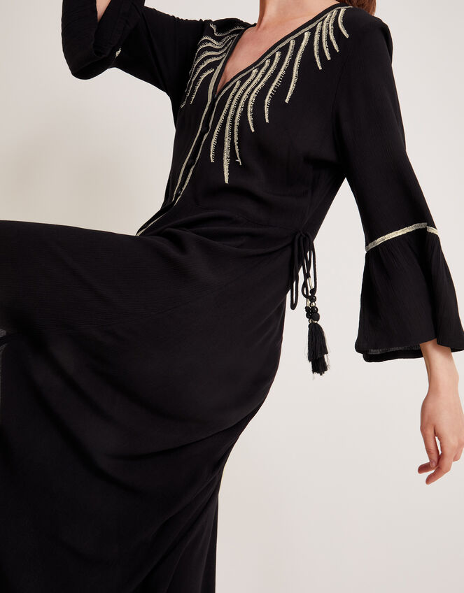 Cali Embroidered Leaf Kaftan Dress, Black (BLACK), large