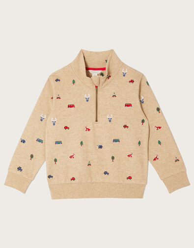 Embroidered Zip Collar Sweater, Natural (STONE), large