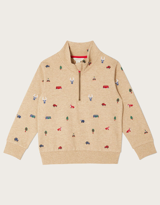 Embroidered Zip Collar Sweater, Natural (STONE), large