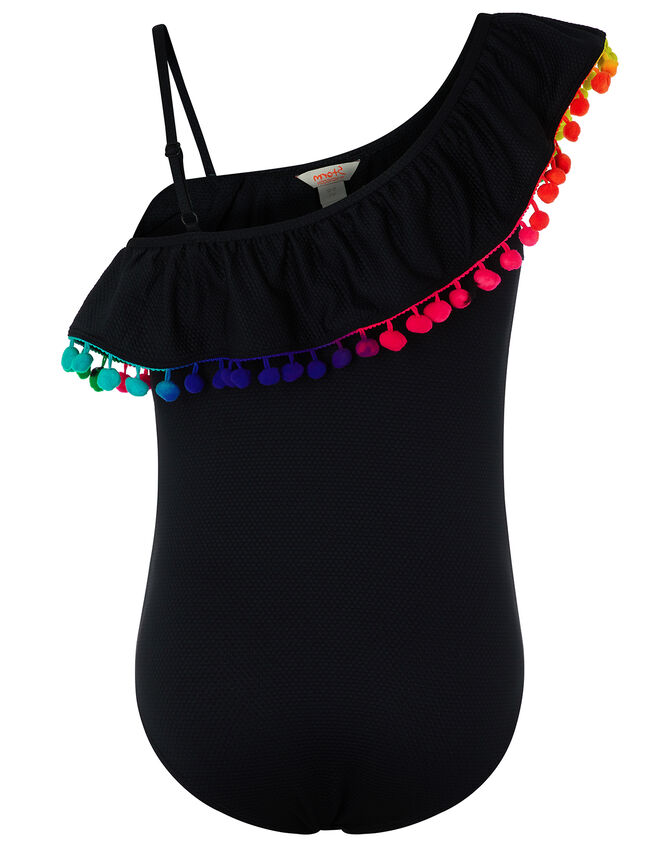 Pom-Pom One-Shoulder Textured Swimsuit, Black (BLACK), large
