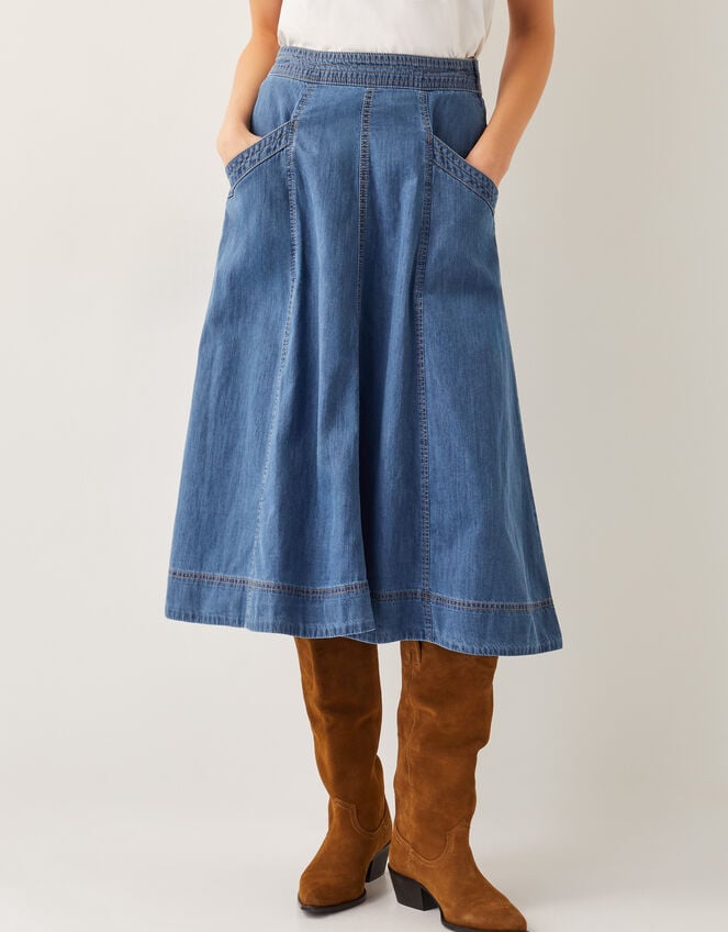 Harper Seamed Denim Midi Skirt, Blue (DENIM BLUE), large