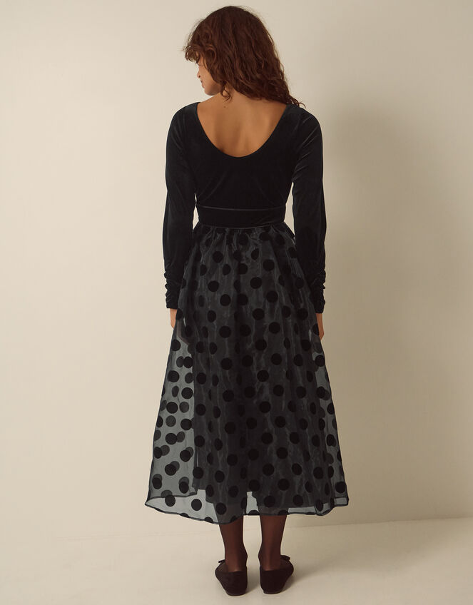 Viana Polka Dot Velvet Midi Dress, Black (BLACK), large