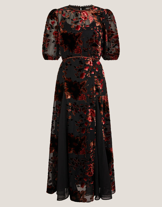 Carolyn Floral Devoré Midi Dress, Black (BLACK), large