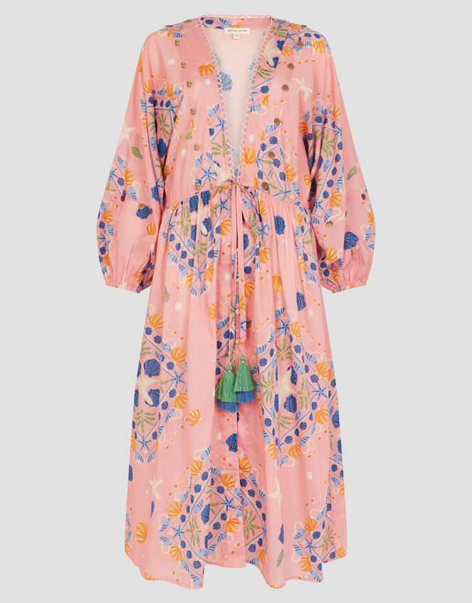 Mabel Shell Print Cotton Kaftan Dress, Orange (PEACH), large