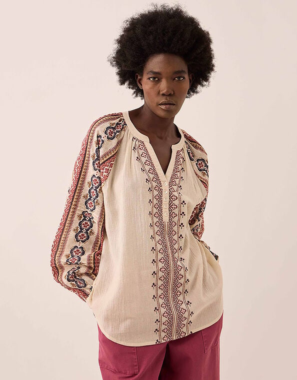 East Gabriette Geometric Print Embroidered Top, Ivory (IVORY), large