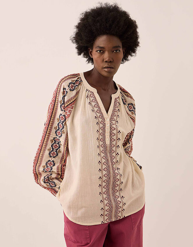 East Gabriette Geometric Print Embroidered Top, Ivory (IVORY), large