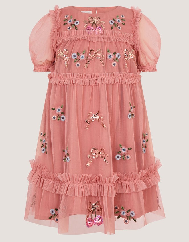 Mon Cheri Floral Embroidered Mesh Dress, Pink (PINK), large