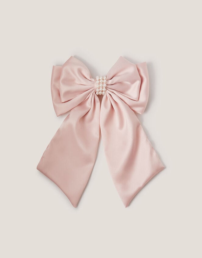 Long Pearl Satin Bow Hair Clip, Pink (PALE PINK), large