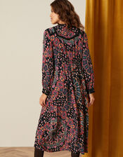 Lace Trim Printed Midi Dress, Black (BLACK), large
