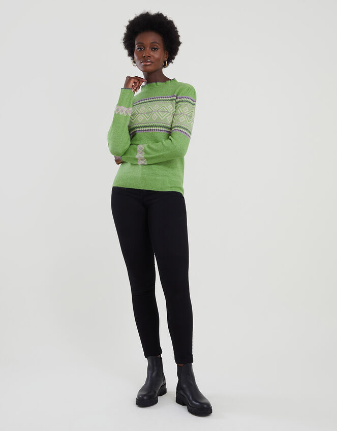 Frill Neck Fair Isle Jumper with Recycled Polyester, Green (GREEN), large