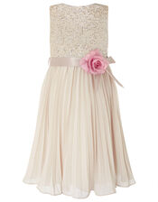 Davina Sequin Pleated Dress, Natural (CHAMPAGNE), large