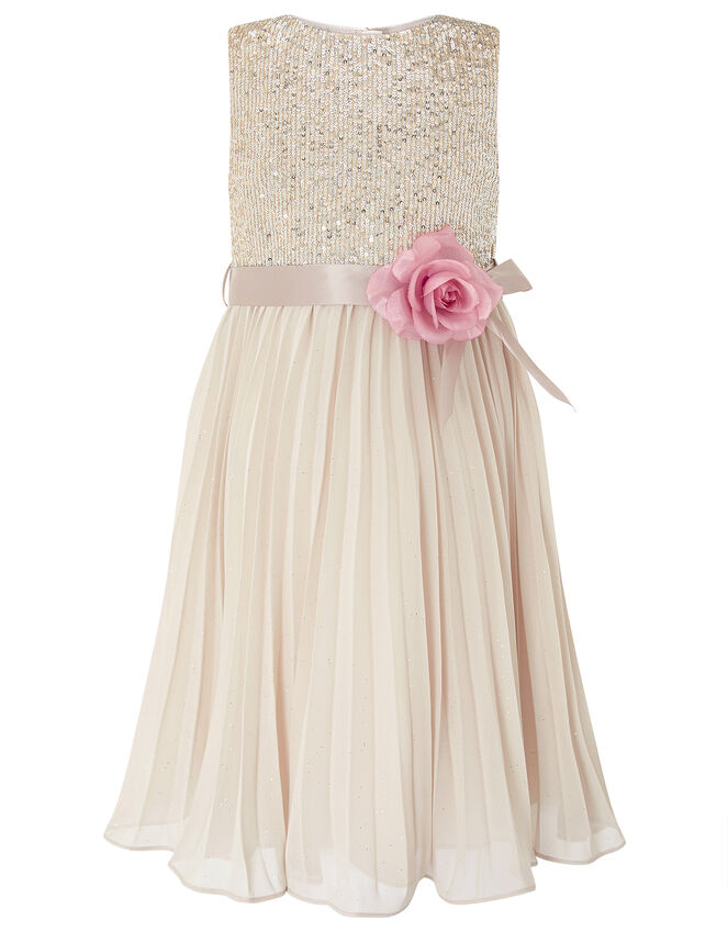 Davina Sequin Pleated Dress, Natural (CHAMPAGNE), large