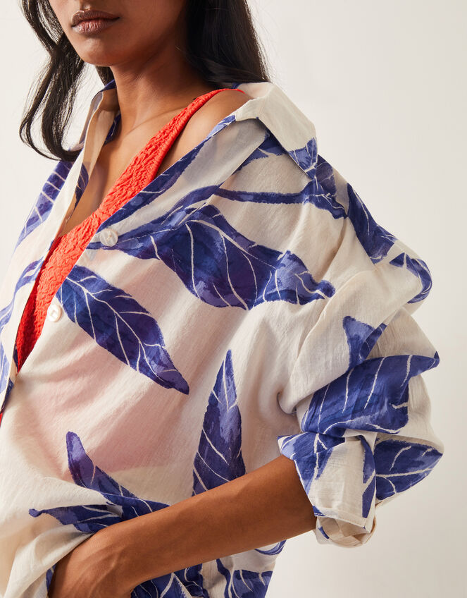 Dinah Palm Print Cotton Shirt, Blue (BLUE), large