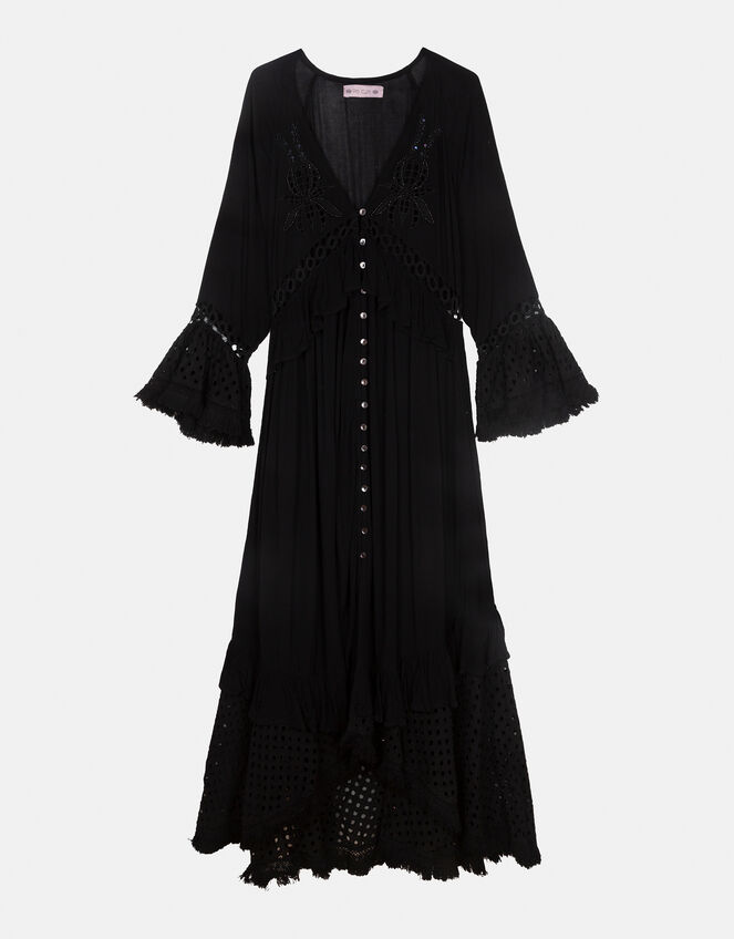 Piti Cuiti Frilly Cutwork Maxi Dress, Black (BLACK), large