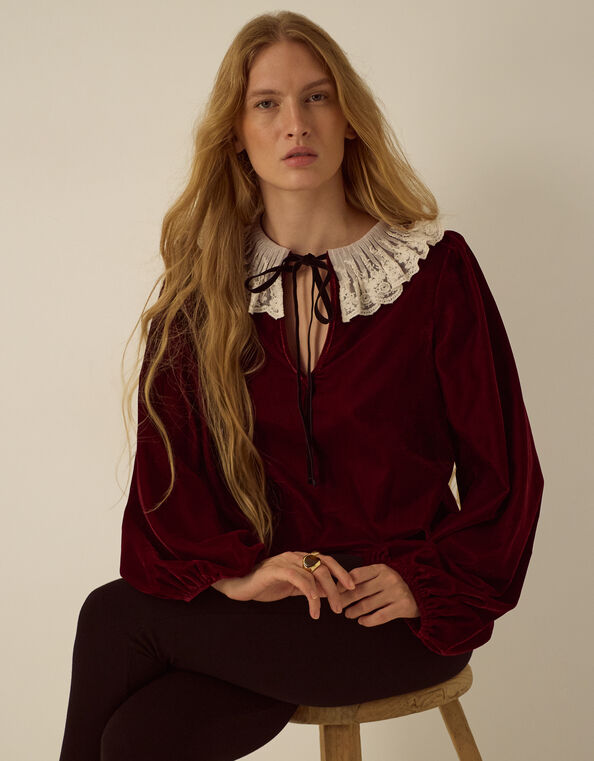 Monsoon x Queens of Archive Phoebe Lace Collar Velvet Top​, Red (RED), large