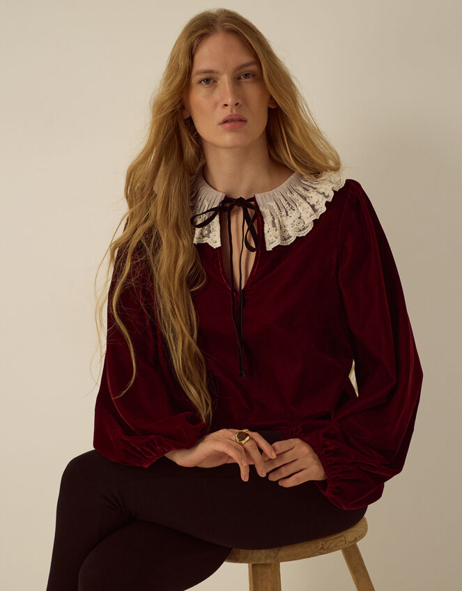 Monsoon x Queens of Archive Phoebe Lace Collar Velvet Top​, Red (RED), large