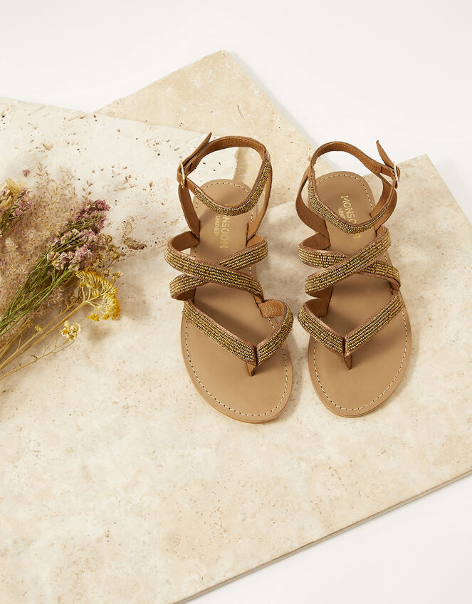 Embellished Trim Leather Slingback Sandals, Natural (NATURAL), large