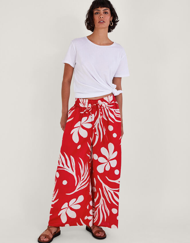 Wide Leg Palm Print Trousers, Red (RED), large