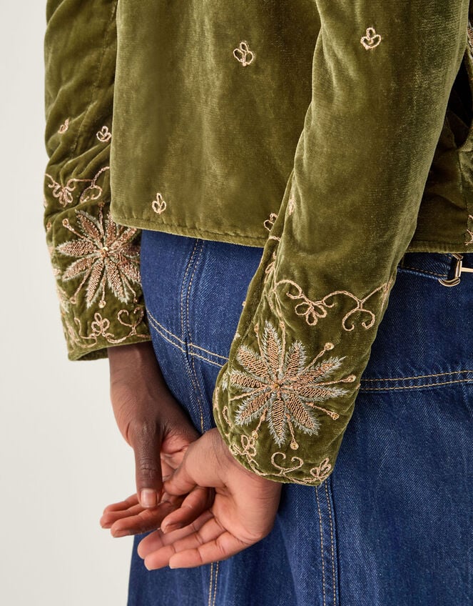 Magda Floral Embroidered Velvet Jacket, Green (KHAKI), large