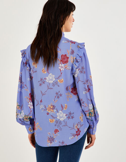 Floral Print Embroidered Blouse in Sustainable Viscose, Blue (BLUE), large