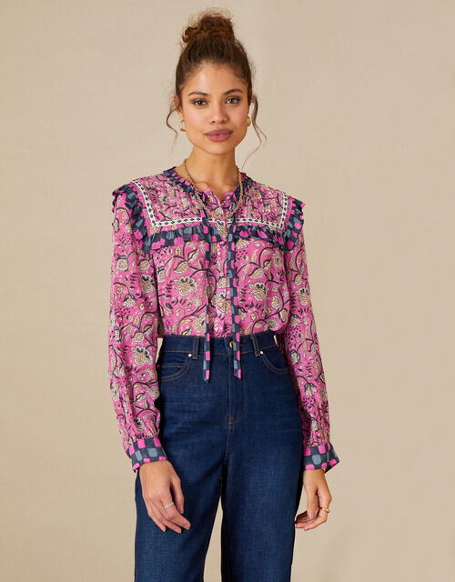 Woodblock and Floral Print Blouse, Pink (PINK), large