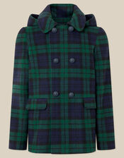 Check Print Hooded Coat, Green (GREEN), large