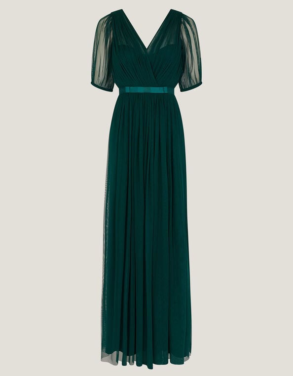 Ellie Sheer Sleeve Plunge Tulle Maxi Dress, Green (DARK GREEN), large