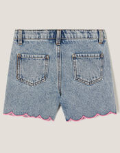 Sequin Floral Embroidered Denim Shorts, Blue (BLUE), large