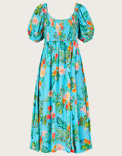 Limella Floral Print Shirred Dress in Sustainable Viscose, Blue (BLUE), large