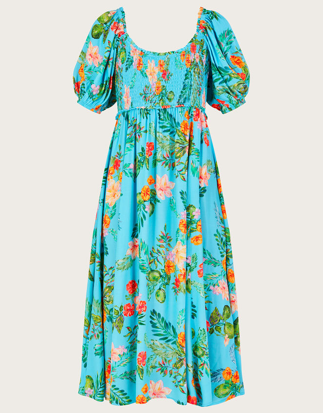 Limella Floral Print Shirred Dress in Sustainable Viscose, Blue (BLUE), large