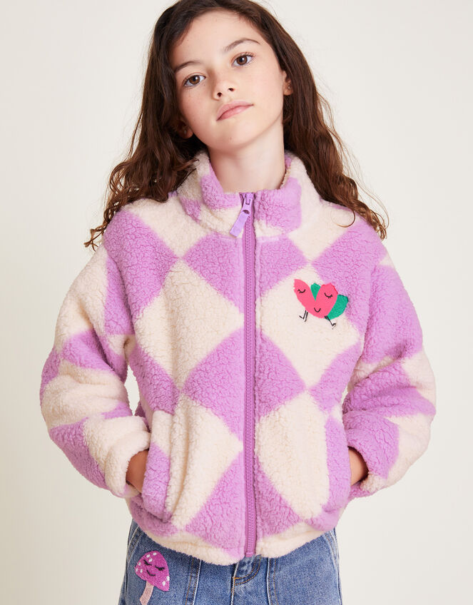 Check Print Heart Zip Fleece Jacket, Purple (LILAC), large