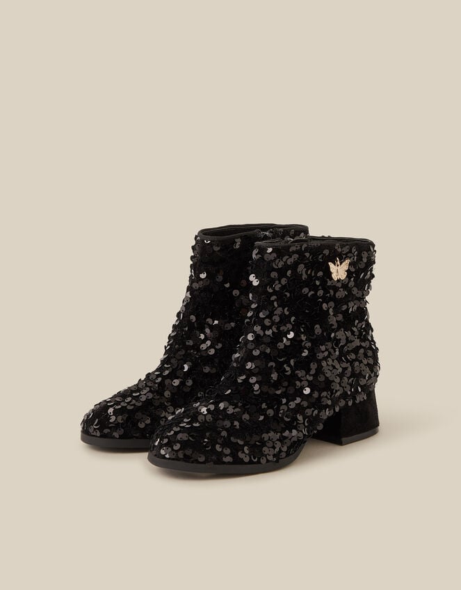 Sequin Velvet Ankle Boots, Black (BLACK), large