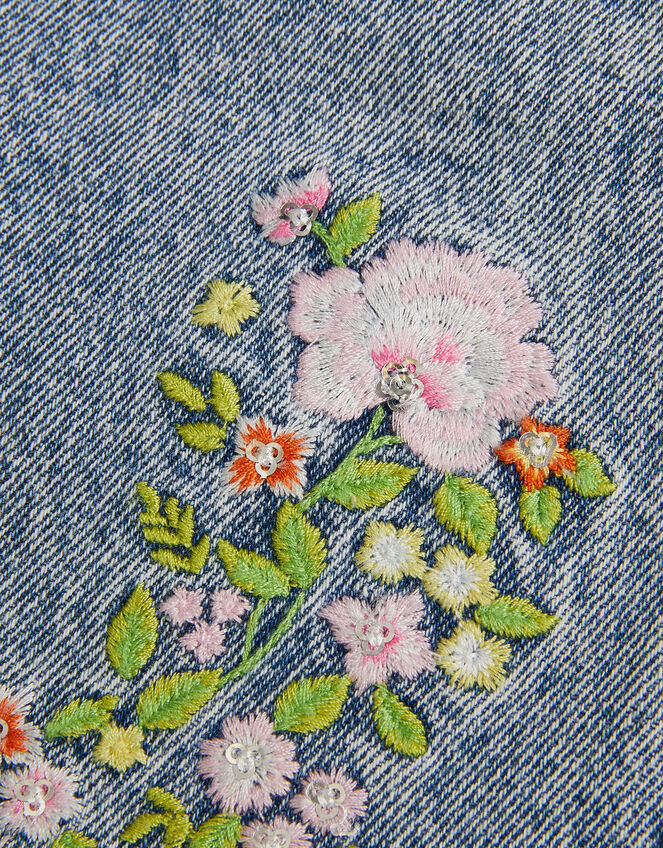 Sequin Floral Embroidered Denim Shorts, Blue (BLUE), large