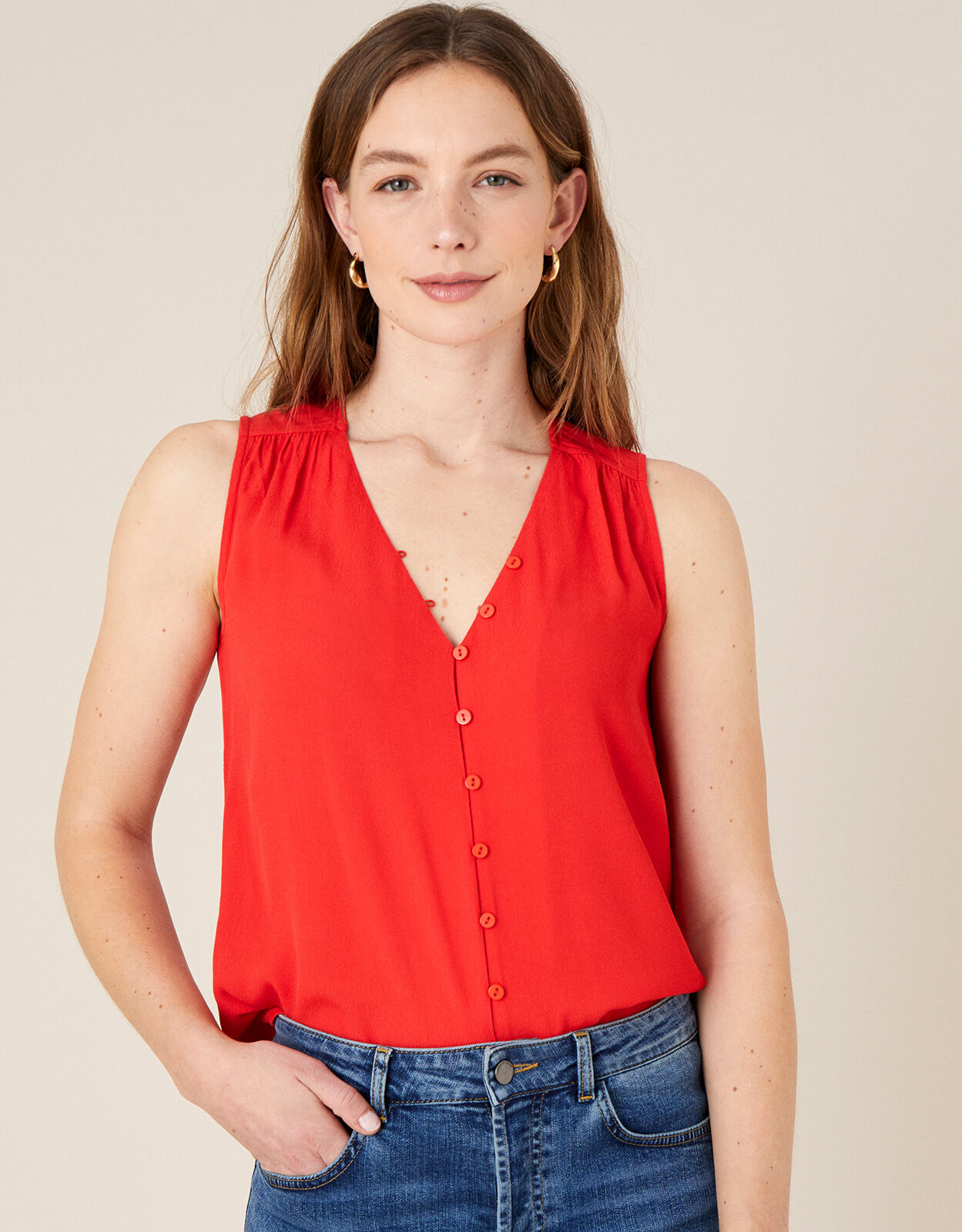 Button Front V-Neck Tank Top Red 