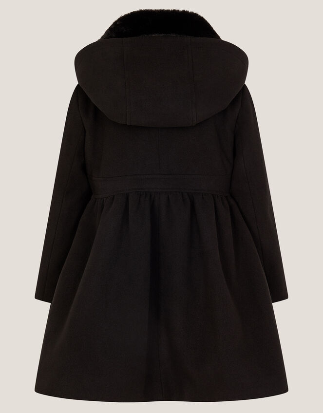 Faux Fur Collar Double-Breasted Coat, Black (BLACK), large