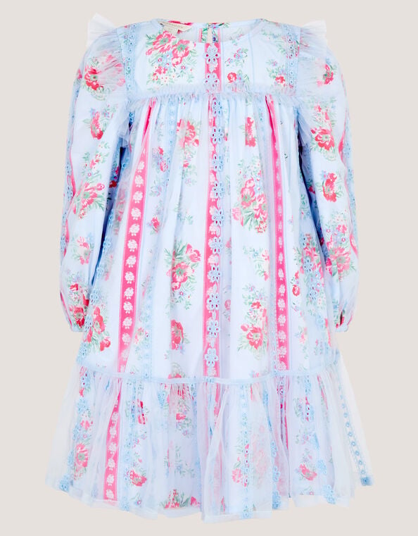 Mon Cheri Floral Broderie Dress & Hair Scrunchie, Blue (BLUE), large
