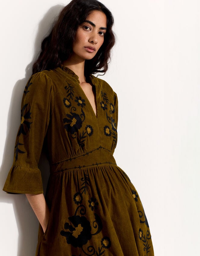 East Floral Embroidered Corduroy Maxi Dress, Green (GREEN), large