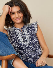 Calli Printed Sleeveless Top, Blue (NAVY), large