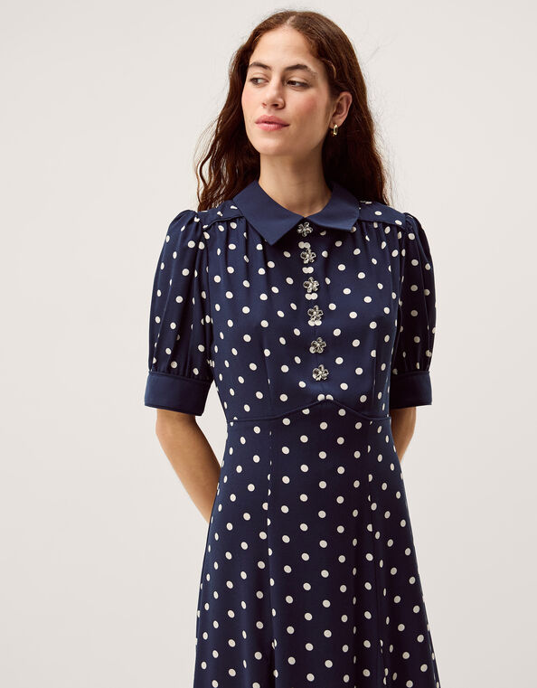 Kate Puff Sleeve Polka Dot Midi Dress, Blue (NAVY), large