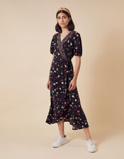 Floral Wrap Jersey Midi Dress, Black (BLACK), large