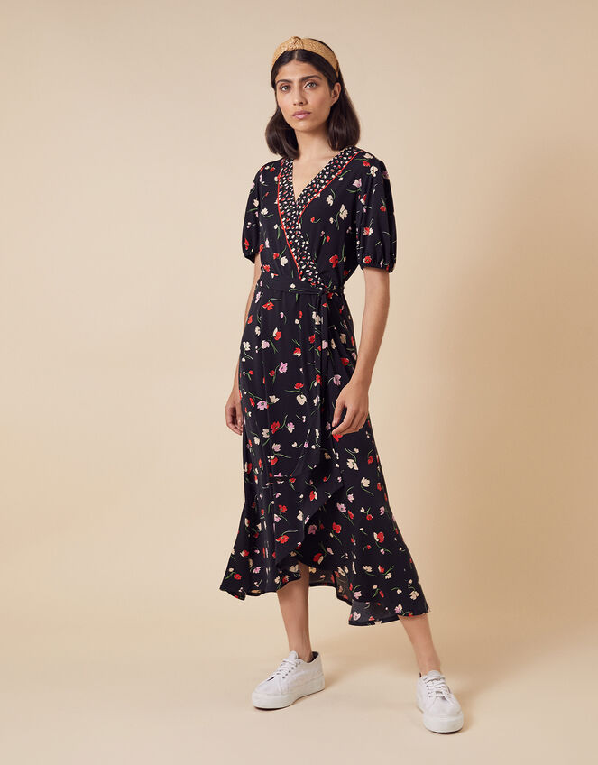 Floral Wrap Jersey Midi Dress, Black (BLACK), large