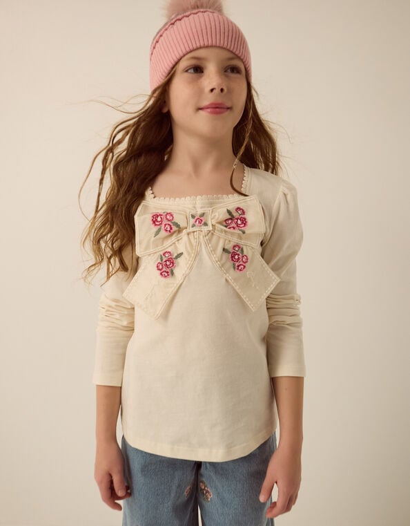 Organza Bow Long Sleeve Top, Cream (CREAM), large