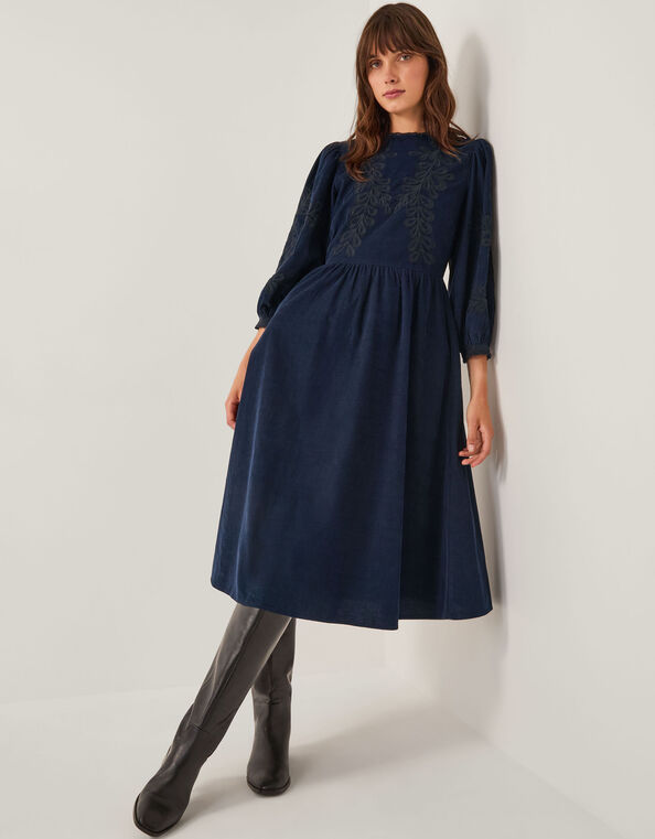 Leona Embroidered Corduroy Midi Dress, Blue (NAVY), large