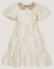 Josephine Puff Sleeve Jacquard Party Dress, Gold (GOLD), large