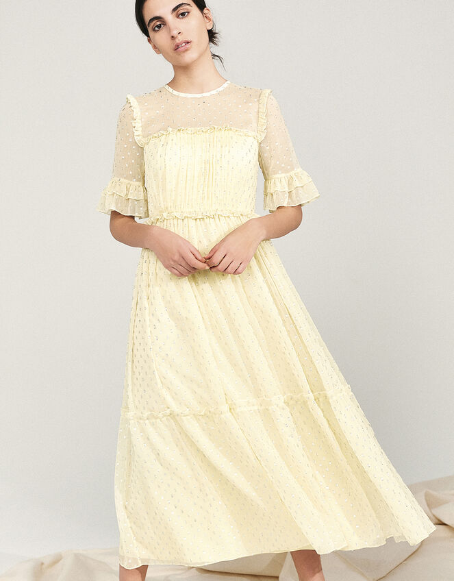 Dafne Metallic Spot Tiered Dress, Yellow (YELLOW), large