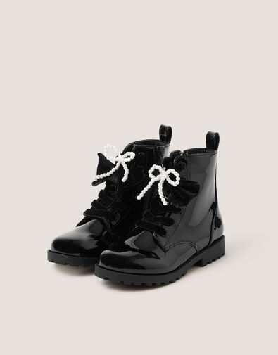 Bow Patent Lace-Up Boots, Black (BLACK), large