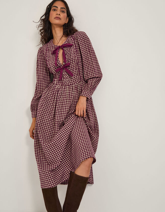 Agatha Tie Front Check Midi Dress Red