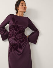 Callie Floral Satin Long Sleeve Midi Dress, Purple (PURPLE), large